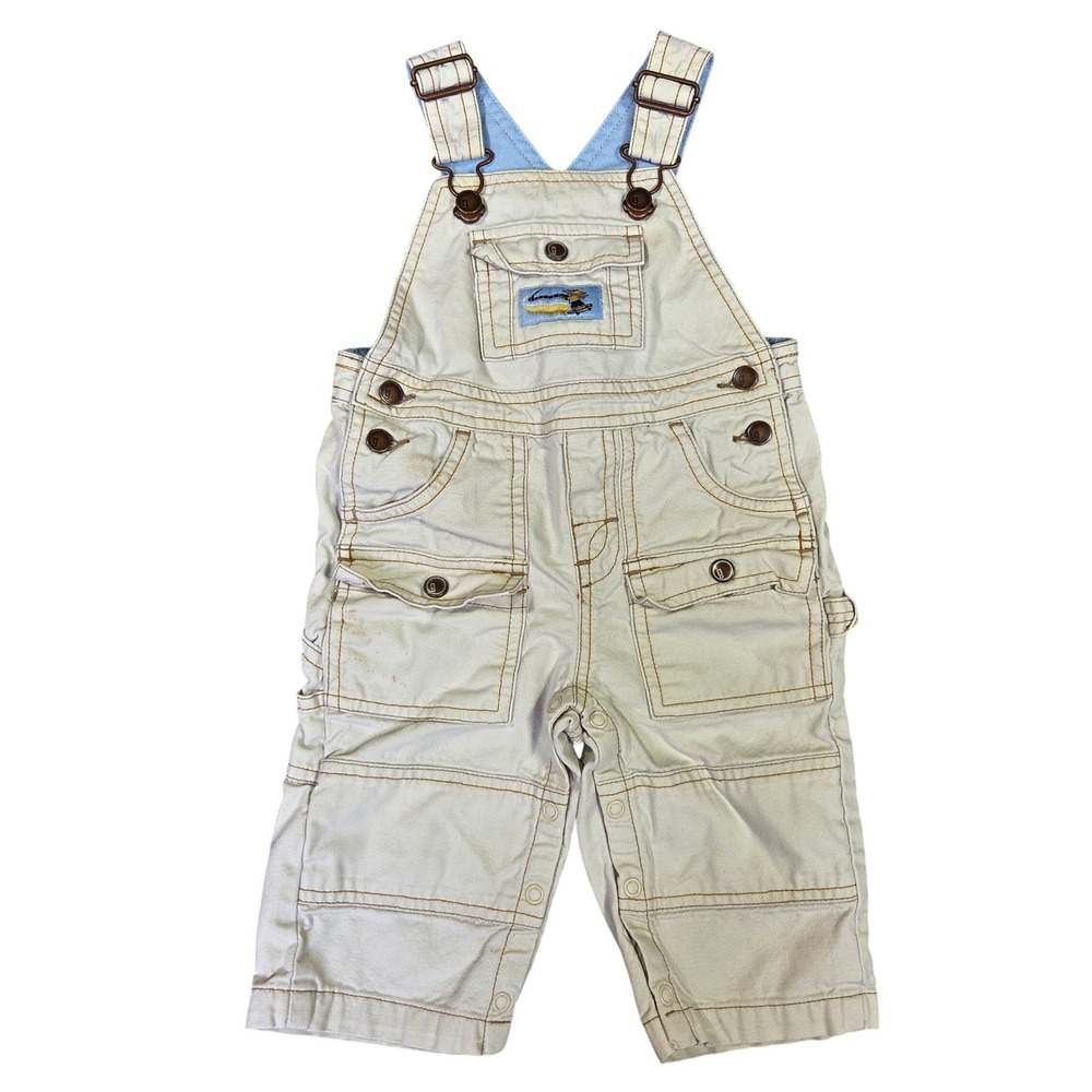 Vintage Gymboree Tan Canvas Cargo Overalls Train Patch 6-12 Months Retro